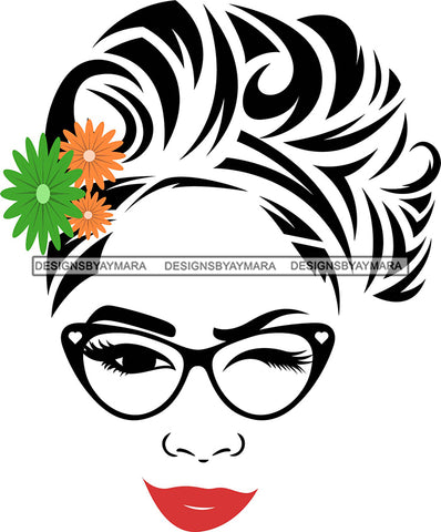 Transparent Face Black Glasses Red Lips Green And Orange Flowers SVG JPG PNG Vector Clipart Cricut Silhouette Cut Cutting1Words I