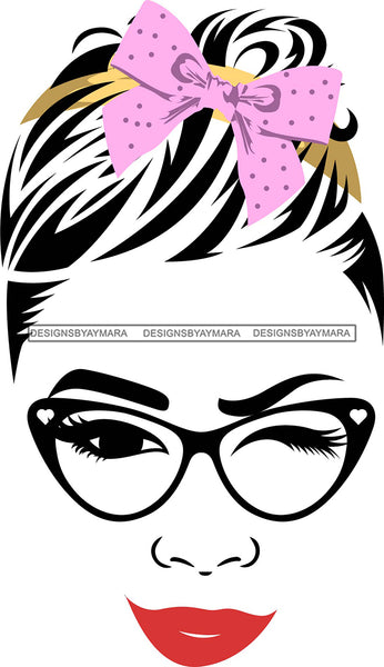 Woman Wearing Glasses Make Up Model Red Lips Long Eyelashes Wink Eye SVG JPG PNG Layered Cutting Files For Silhouette Cricut and More