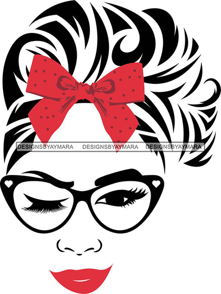 Woman Wearing Glasses Make Up Model Red Lips Long Eyelashes Wink Eye SVG JPG PNG Layered Cutting Files For Silhouette Cricut and More