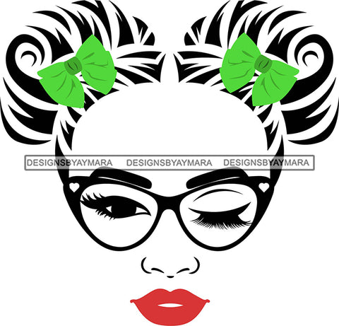 Transparent Face Black Glasses Red Lips Green Bows SVG JPG PNG Vector Clipart Cricut Silhouette Cut Cutting1Words I