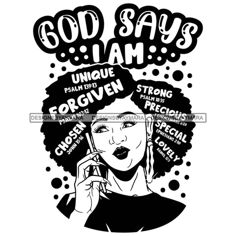 Afro Woman Hair Religious Quotes Bible Verses Jesus Christ Savior Illustration B/W SVG JPG PNG Vector Clipart Cricut Silhouette Cut Cutting