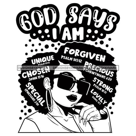 Afro Woman Hair Religious Quotes Bible Verses Jesus Savior Powerful Illustration B/W SVG JPG PNG Vector Clipart Cricut Silhouette Cut Cutting