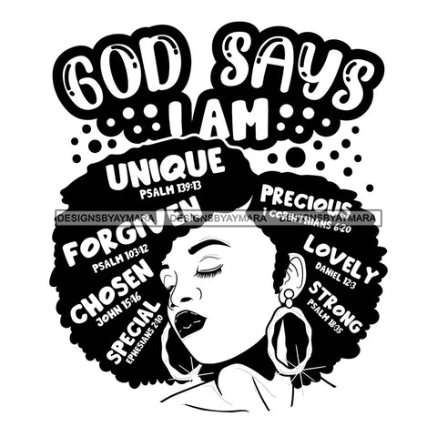 Afro Woman Hair Religious Quotes Bible Verses Jesus Savior Gratitude Illustration B/W SVG JPG PNG Vector Clipart Cricut Silhouette Cut Cutting