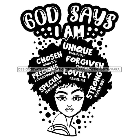 Afro Woman Hair Religious Quotes Bible Verses Believer Jesus Savior Illustration B/W SVG JPG PNG Vector Clipart Cricut Silhouette Cut Cutting