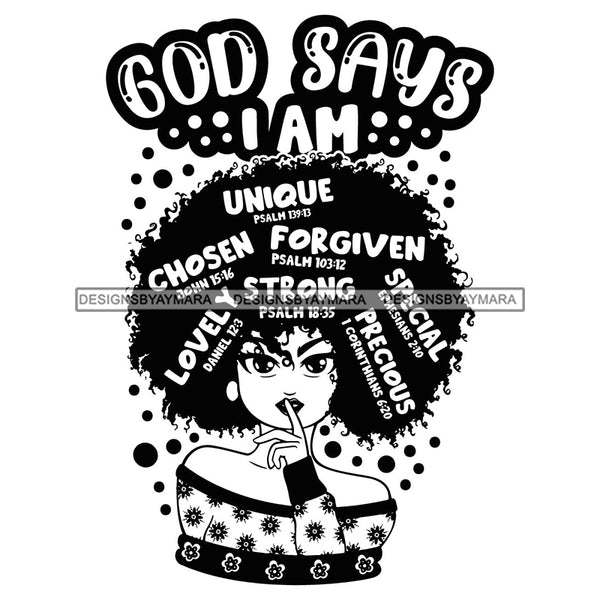 Afro Woman Hair Religious Quotes Bible Verses Loving Jesus Savior Illustration B/W SVG JPG PNG Vector Clipart Cricut Silhouette Cut Cutting