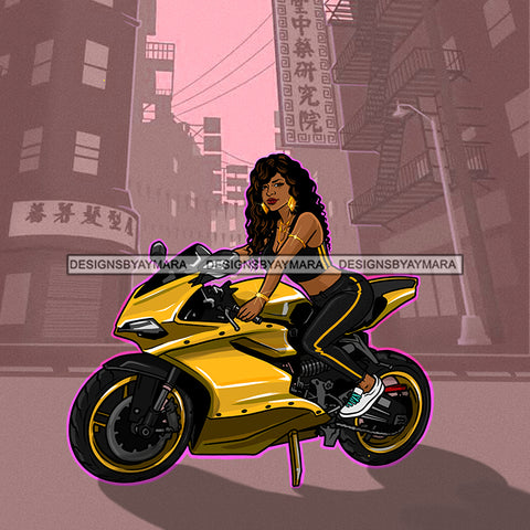 Sassy Diva On Yellow Motorcycle  With Street Scene JPG PNG  Clipart Cricut Silhouette Cut Cutting