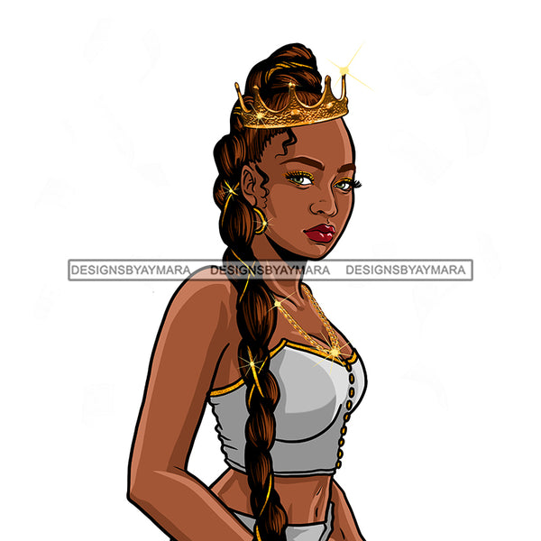 Black Queen Long Braid Wearing Crown  JPG PNG  Clipart Cricut Silhouette Cut Cutting