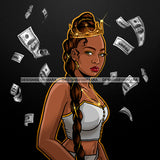 Black Queen Long Braid Wearing Crown Flying Money Dollar Bills JPG PNG  Clipart Cricut Silhouette Cut Cutting