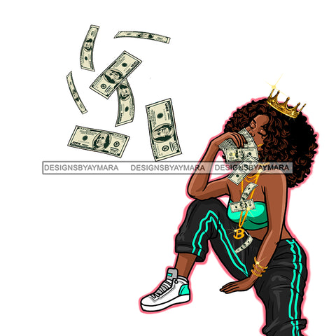 Sassy Diva Wearing Crown Tossing Dollar Bills  JPG PNG  Clipart Cricut Silhouette Cut Cutting