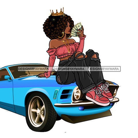 Sassy Crowned Diva Sitting On Blue Vette Fanning Dollar Bills JPG PNG  Clipart Cricut Silhouette Cut Cutting