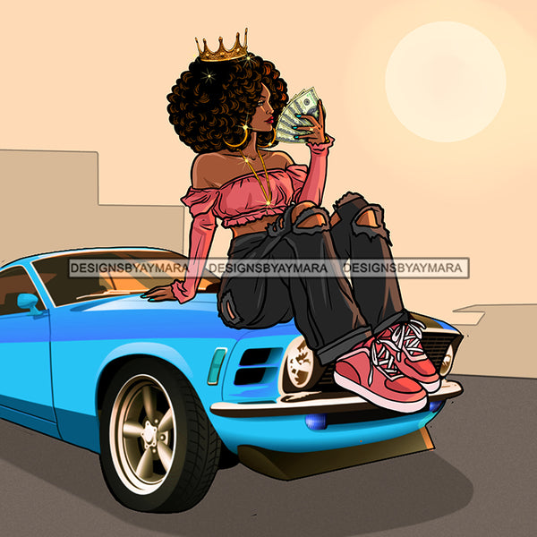 Sassy Crowned Diva Sitting On Blue Vette Fanning Dollar Bills JPG PNG  Clipart Cricut Silhouette Cut Cutting