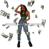 Sassy Diva With Tossed Dollar Bills In Jeans JPG PNG  Clipart Cricut Silhouette Cut Cutting