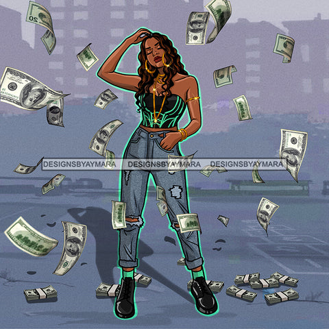 Sassy Diva With Tossed Dollar Bills In Jeans JPG PNG  Clipart Cricut Silhouette Cut Cutting