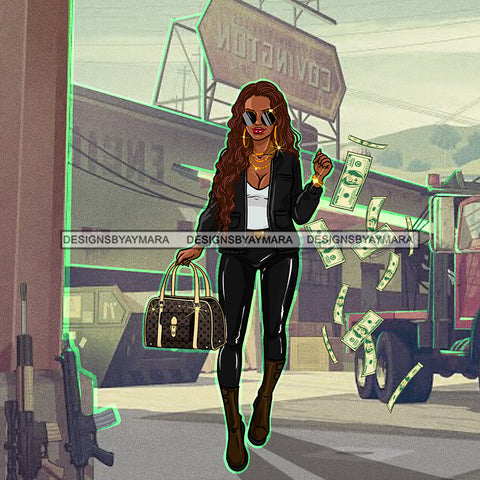 Sassy Diva Stepping In Black Flying Dollar Bills JPG PNG  Clipart Cricut Silhouette Cut Cutting