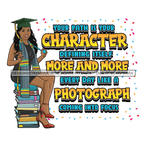 Afro Woman Graduate Sitting On Books Life Quotes Academic Achievement Wearing Graduation Cap Curly Hairstyle SVG JPG PNG Cutting Files For Silhouette Cricut More