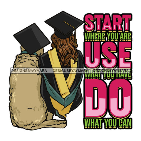 Afro Woman Graduate Sitting With Dog Life Quotes Graduation Gown Cap Back View Afro Hairstyle SVG JPG PNG Cutting Files For Silhouette Cricut More