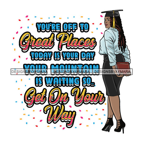 Afro Woman Graduate Posing Life Quotes Graduation Academic Achievement Cap Back View Long Curly Hairstyle SVG JPG PNG Cutting Files For Silhouette Cricut More