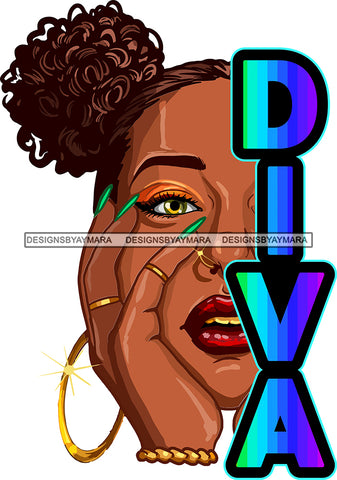 Gorgeous Black Woman Half Face Colorful Hoop Earrings Bun Hairstyle Illustration SVG JPG PNG Vector Clipart Cricut Silhouette Cut Cutting