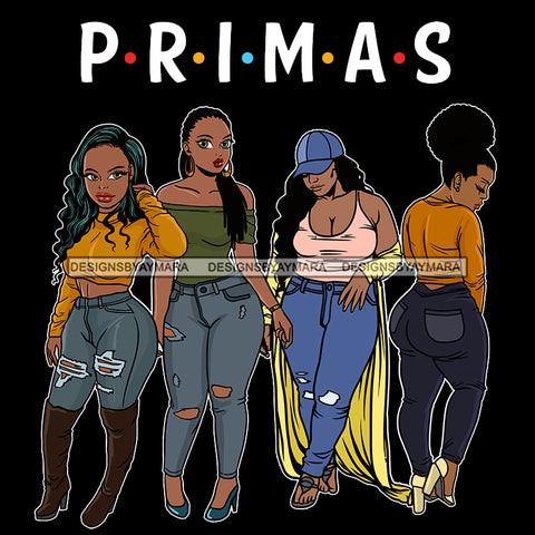 Primas Cousins Black Sistas Best Friends Afro Women Melanin Family SVG JPG PNG Vector Clipart Cricut Silhouette Cut Cutting