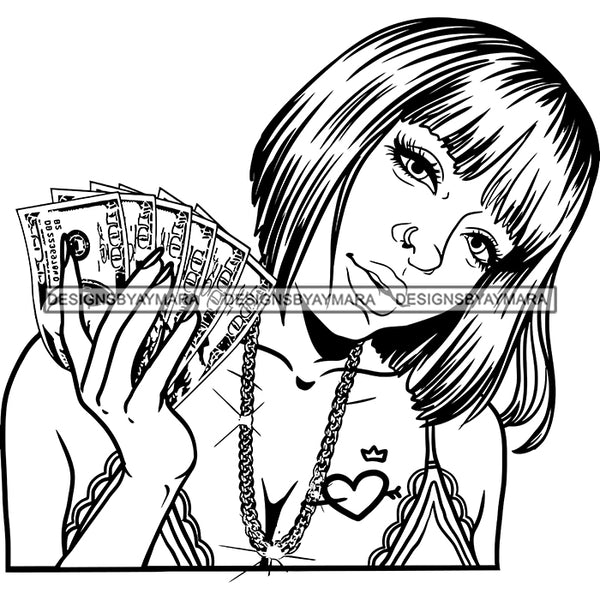 Sexy Gangster Diva Gangsta Woman Holding Money Spread Heart Tattoo Badass Hustler Hustling Savage Melanin Nubian Hipster Ghetto Street Girl SVG JPG PNG Vector Clipart Cricut Silhouette Cut Cutting
