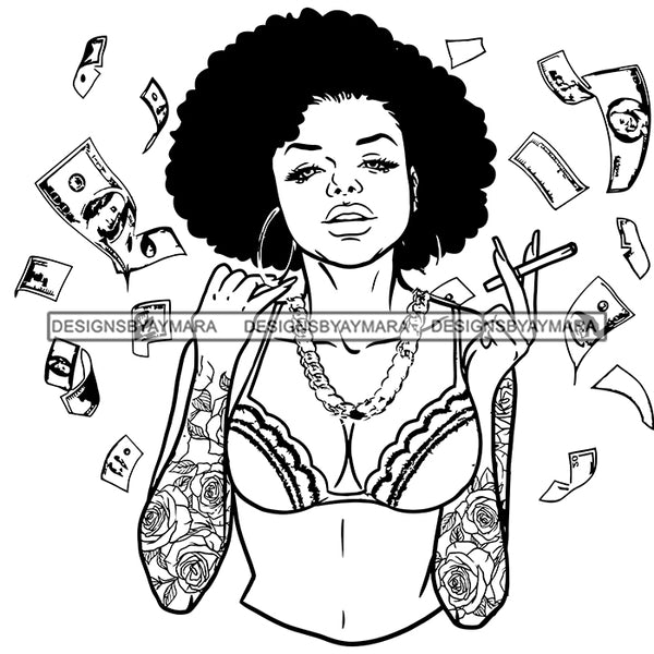 Gangsta Gangster Woman Money Flying Smoking Pot Badass Hustler Hustling Savage Melanin Nubian Hipster Ghetto Street Girl SVG JPG PNG Vector Clipart Cricut Silhouette Cut Cutting