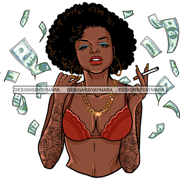 Gangsta Gangster Woman Money Flying Smoking Pot Tattoo Badass Hustler Hustling Savage Melanin Nubian Hipster Ghetto Street Girl SVG JPG PNG Vector Clipart Cricut Silhouette Cut Cutting