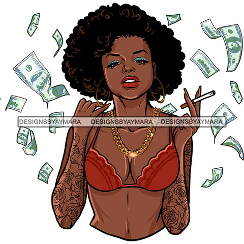 Gangsta Gangster Woman Money Flying Smoking Pot Tattoo Badass Hustler Hustling Savage Melanin Nubian Hipster Ghetto Street Girl SVG JPG PNG Vector Clipart Cricut Silhouette Cut Cutting