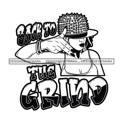 Sassy Afro Woman Hustle Money Quote Gangsta Woman Stud Spike Hat Style B/W SVG JPG PNG Vector Clipart Cricut Silhouette Cut Cutting