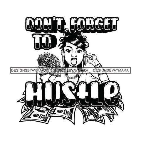 Sassy Afro Woman Hustle Money Quote Holding Dollars Bantu Knots Hairstyle B/W SVG JPG PNG Vector Clipart Cricut Silhouette Cut Cutting