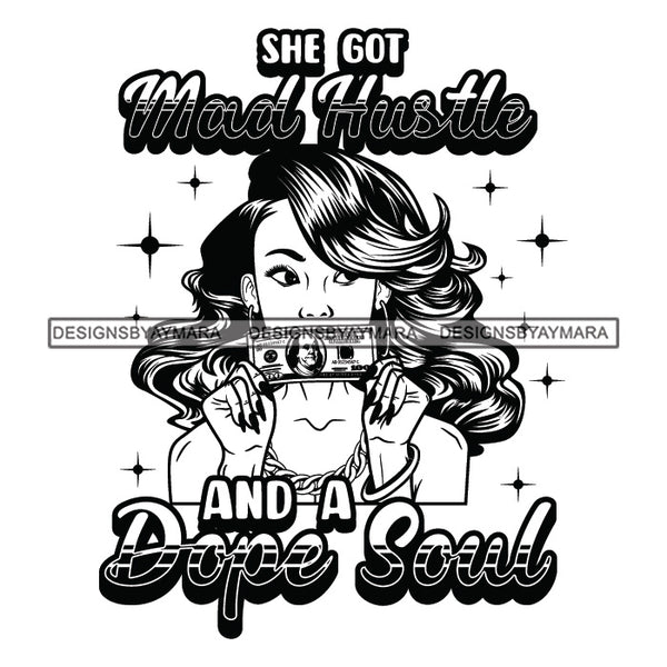 Sassy Afro Woman Hustle Money Quote Business Dollar Long Wavy Hairstyle B/W SVG JPG PNG Vector Clipart Cricut Silhouette Cut Cutting
