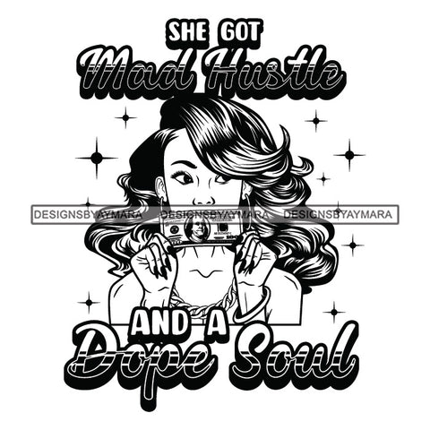 Sassy Afro Woman Hustle Money Quote Business Dollar Long Wavy Hairstyle B/W SVG JPG PNG Vector Clipart Cricut Silhouette Cut Cutting