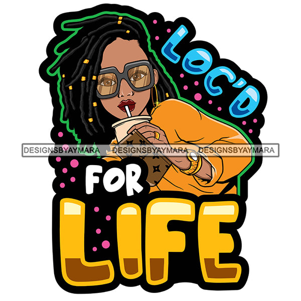 Pretty Afro Woman Drinking Coffee Glasses Love Locs Hairstyle White Background SVG JPG PNG Vector Clipart Cricut Silhouette Cut Cutting