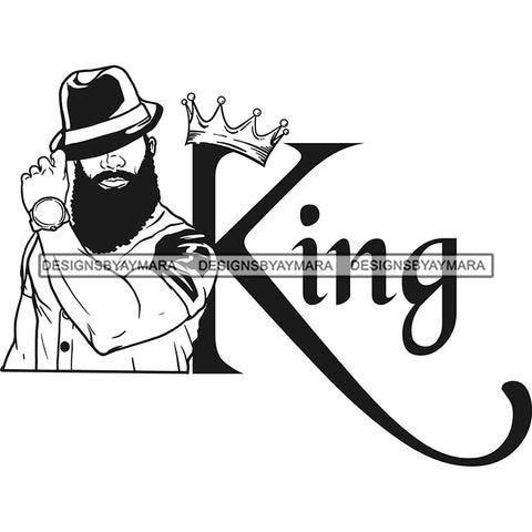 Sexy Black Man King Crown Attractive Bearded Earring Classic Hat Watch Fashion Style B/W SVG JPG PNG Vector Clipart Cricut Silhouette Cut Cutting