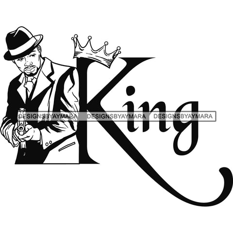 Sexy Black Man King Crown Holding Gun Elegant Gangster Hat Fashion Style B/W SVG JPG PNG Vector Clipart Cricut Silhouette Cut Cutting