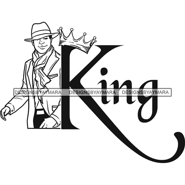 Sexy Black Man King Crown Smiling Confident Wearing Scarf Classic Hat Fashion Style B/W SVG JPG PNG Vector Clipart Cricut Silhouette Cut Cutting