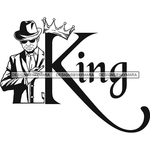 Sexy Black Man King Crown Gentleman Holding Cigar Vintage Hat Fashion Style B/W SVG JPG PNG Vector Clipart Cricut Silhouette Cut Cutting