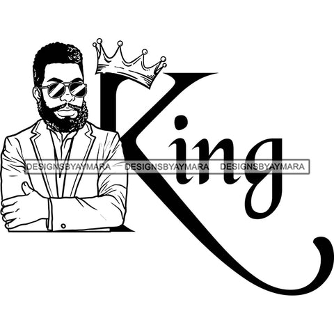 Sexy Black Man King Crown Handsome Bearded Sunglasses Business Fashion Style B/W SVG JPG PNG Vector Clipart Cricut Silhouette Cut Cutting