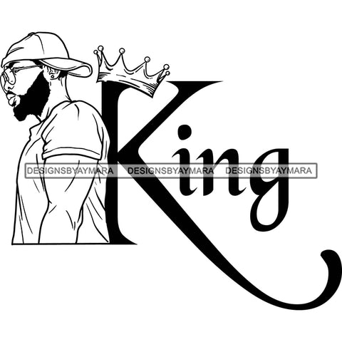 Sexy Black Man Profile King Crown Glasses Backward Baseball Cap Fashion Style B/W SVG JPG PNG Vector Clipart Cricut Silhouette Cut Cutting