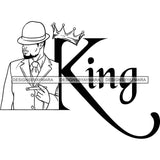 Sexy Black Man King Crown Holding Cigar Sophisticated Elegant Fashion Style B/W SVG JPG PNG Vector Clipart Cricut Silhouette Cut Cutting