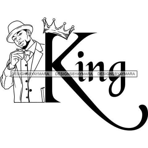 Sexy Black Man King Crown Sophisticated Holding Cigar Classic Hat Fashion Style B/W SVG JPG PNG Vector Clipart Cricut Silhouette Cut Cutting