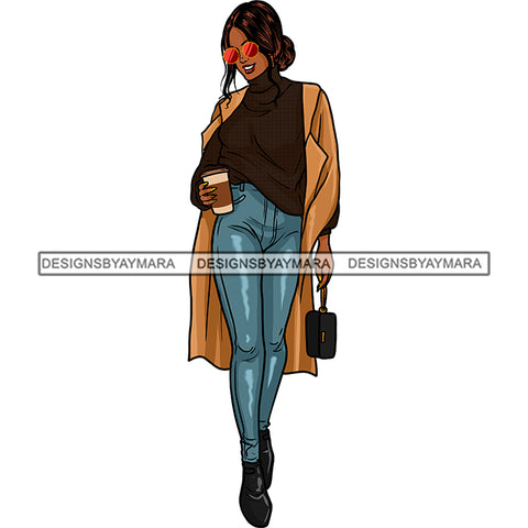 Black Woman Walking With Cup Of Coffee In Coat And Jeans  JPG PNG  Clipart Cricut Silhouette Cut Cutting