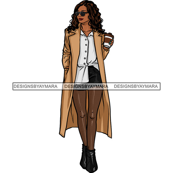 Black Woman Walking With Long Coat  Cup Of Coffee Long Hair JPG PNG  Clipart Cricut Silhouette Cut Cutting