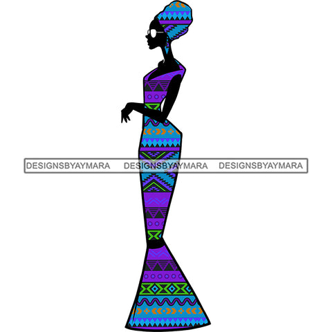 Black Silhouette Of Woman Wearing African Blue Print Dress And Headwrap  JPG PNG  Clipart Cricut Silhouette Cut Cutting