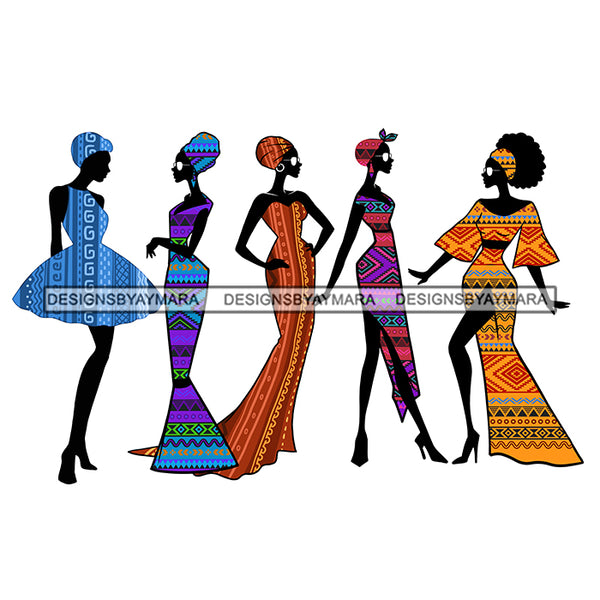 Black Silhouette Of 5 Women Wearing African Prints And Headwrap  JPG PNG  Clipart Cricut Silhouette Cut Cutting