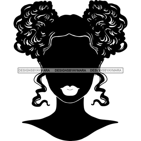 Afro Woman Portrait Black Silhouette Pigtails Hairstyle B/W SVG JPG PNG Designs Cricut Silhouette Cut Cuttings