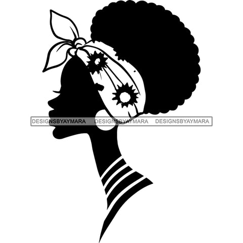 Afro Woman Black Silhouette Side View Nubian Ebony Headwrap B/W SVG JPG PNG Vector Clipart Cricut Silhouette Cut Cutting
