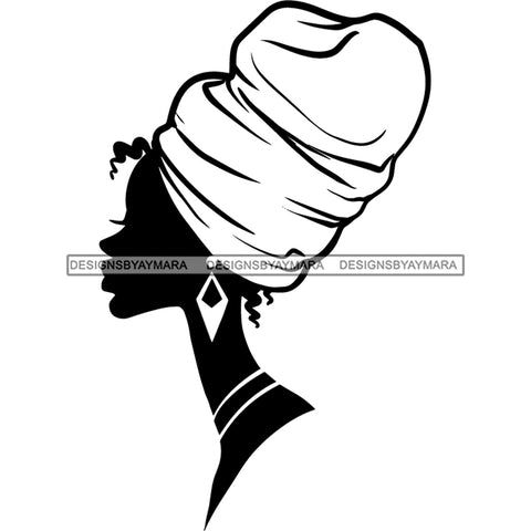 Afro Woman Black Silhouette Side View Nubian Ebony Turban B/W SVG JPG PNG Vector Clipart Cricut Silhouette Cut Cutting