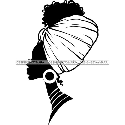 Afro Woman Black Silhouette Side View Nubian Ebony Turban B/W SVG JPG PNG Vector Clipart Cricut Silhouette Cut Cutting