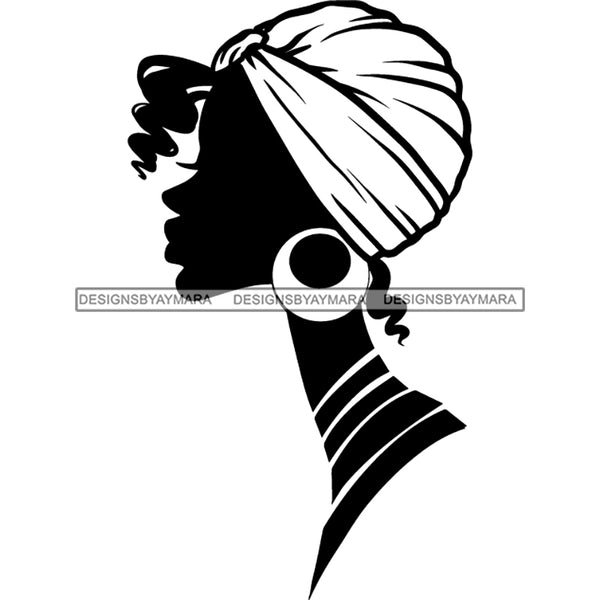 Afro Woman Black Silhouette Side View Nubian Ebony Turban B/W SVG JPG PNG Vector Clipart Cricut Silhouette Cut Cutting
