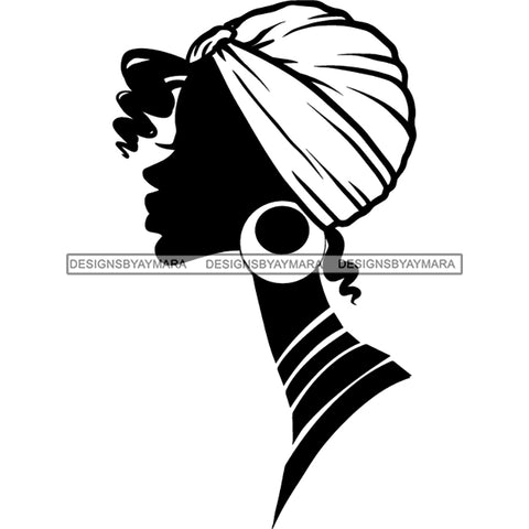 Afro Woman Black Silhouette Side View Nubian Ebony Turban B/W SVG JPG PNG Vector Clipart Cricut Silhouette Cut Cutting